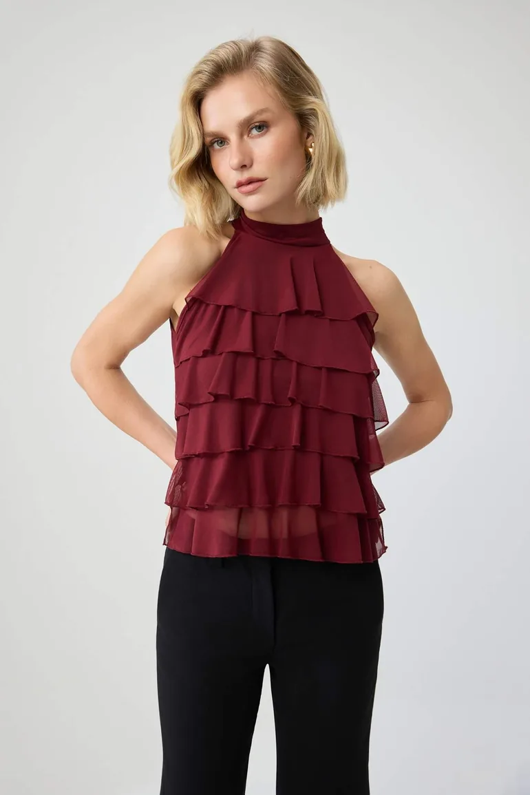 Burgundy Regular/Normal Fit Halter Neck Sleeveless Ruffle Tulle Knitted Blouse