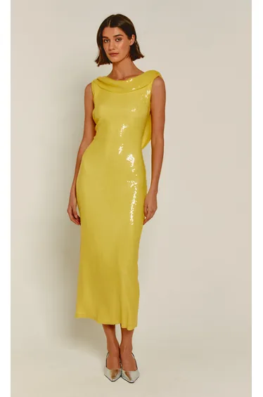 Yellow Sequin Cowl Back Maxi Dress