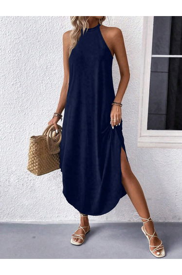 Navy Blue Sleeveless Curved Hem Maxi Dress