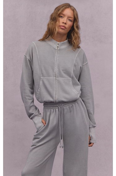 Ash Grey Acid Wash Funnel Neck Zip Sweatshirt