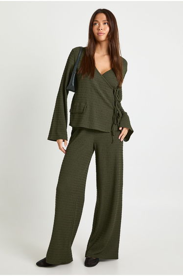 Textured Wrap Front Long Sleeve Top and Trouser Co Ord - khaki
