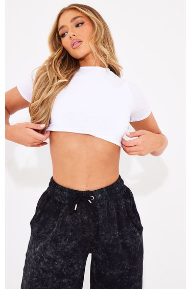 White Basic Slinky Short Sleeve Crop Top