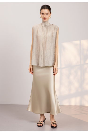 Liquid Satin Bias-Cut Maxi Skirt in Sand