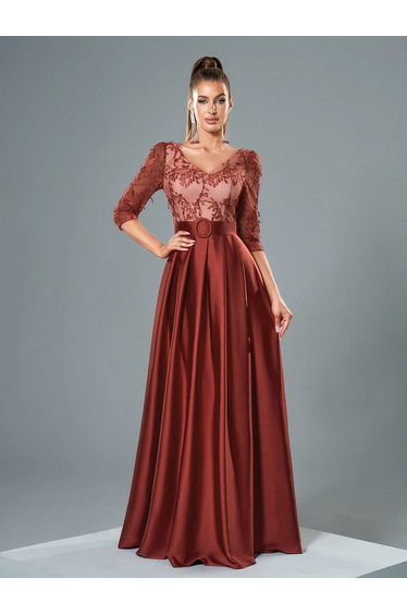 Leely Elegant V Neck Three Quarter Length Sleeve Evening Gown