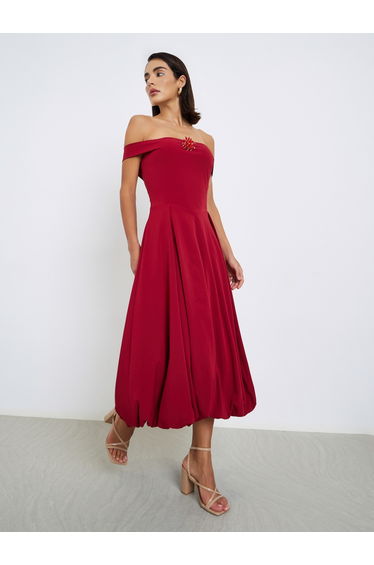 Red Bardot Midi Dress with Brooch Detail
