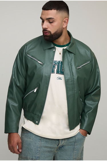 Plus Boxy Fit Zip Detail PU Collared Bomber Jacket - green