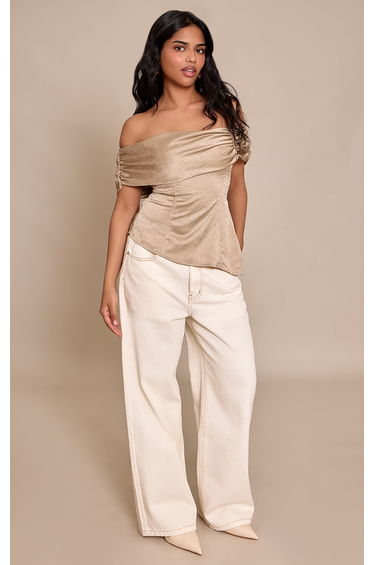 Petite Taupe Asymmetric Trim Detail Flowy Top