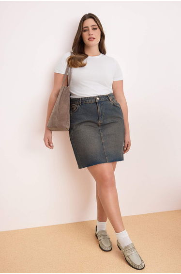 Blue Faded Effect Vintage High Waist Mini 100% Cotton Plus Size Denim Skirt