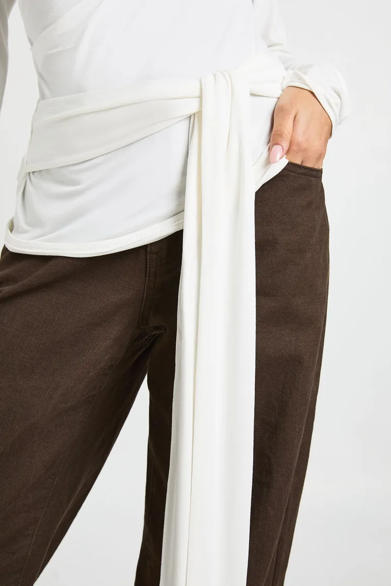 Cowl Neck Long Sleeve Tie Waist Top - white - 3