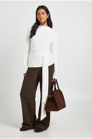 Cowl Neck Long Sleeve Tie Waist Top - white