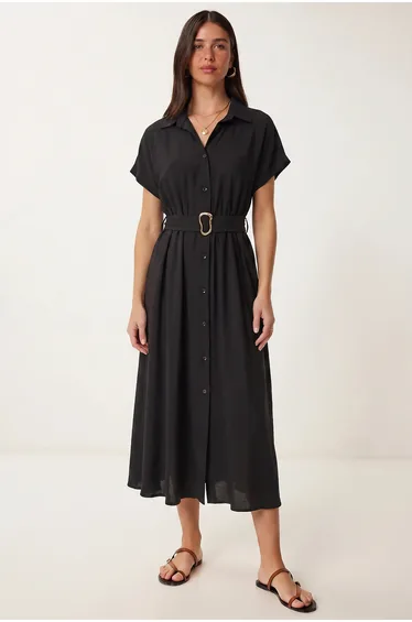ISTANBUL Belted Poplin Shirt Midi Dress