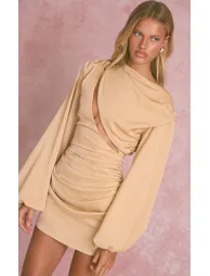 Gold Satin Cut Out Long Sleeve Bodycon Mini Dress - 3