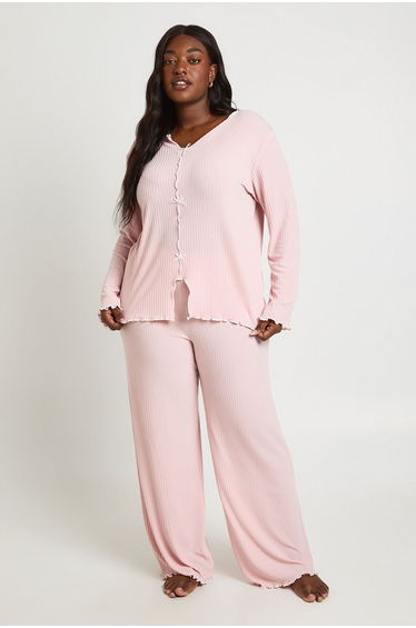 Plus Rib Bow Detail Long Sleeve Pyjama Set - pink