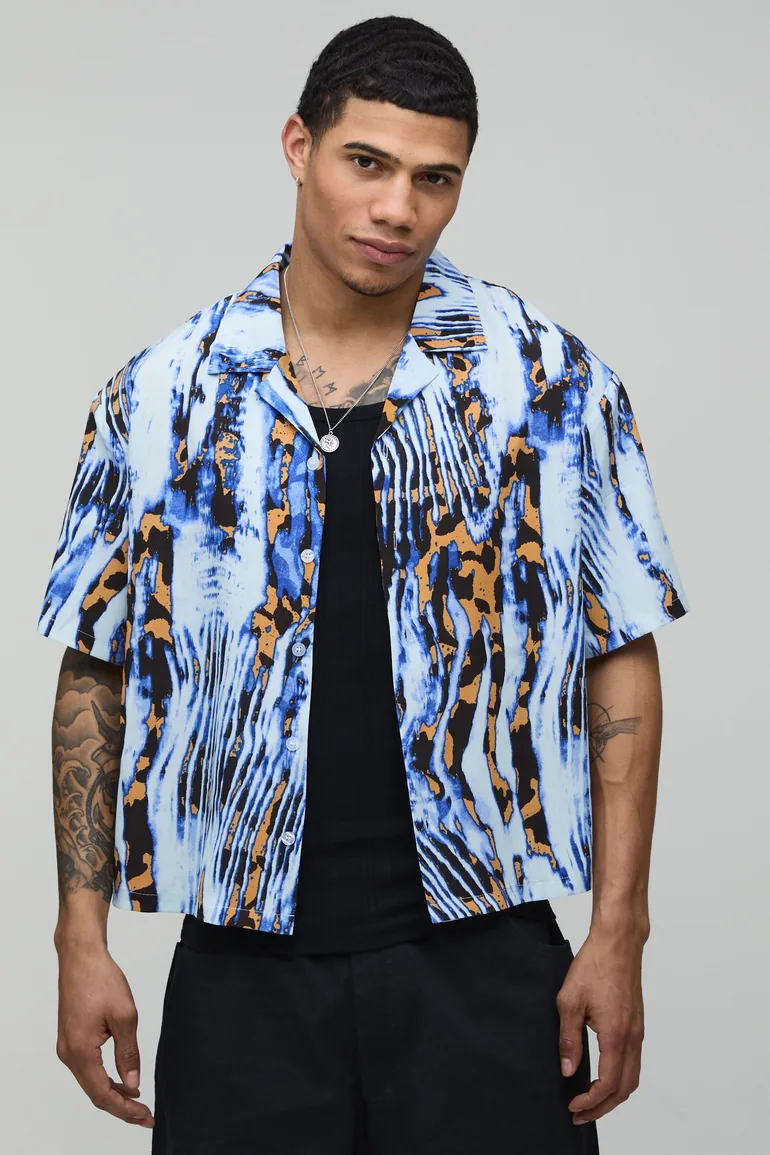 قميص بتصميم واسع عريض بطبعة أزهار - أزرق