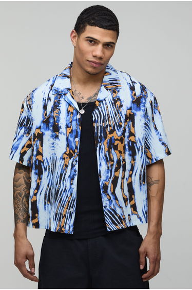 Oversized Boxy Abstract Floral Print Shirt - blue