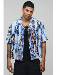 قميص بتصميم واسع عريض بطبعة أزهار - أزرق