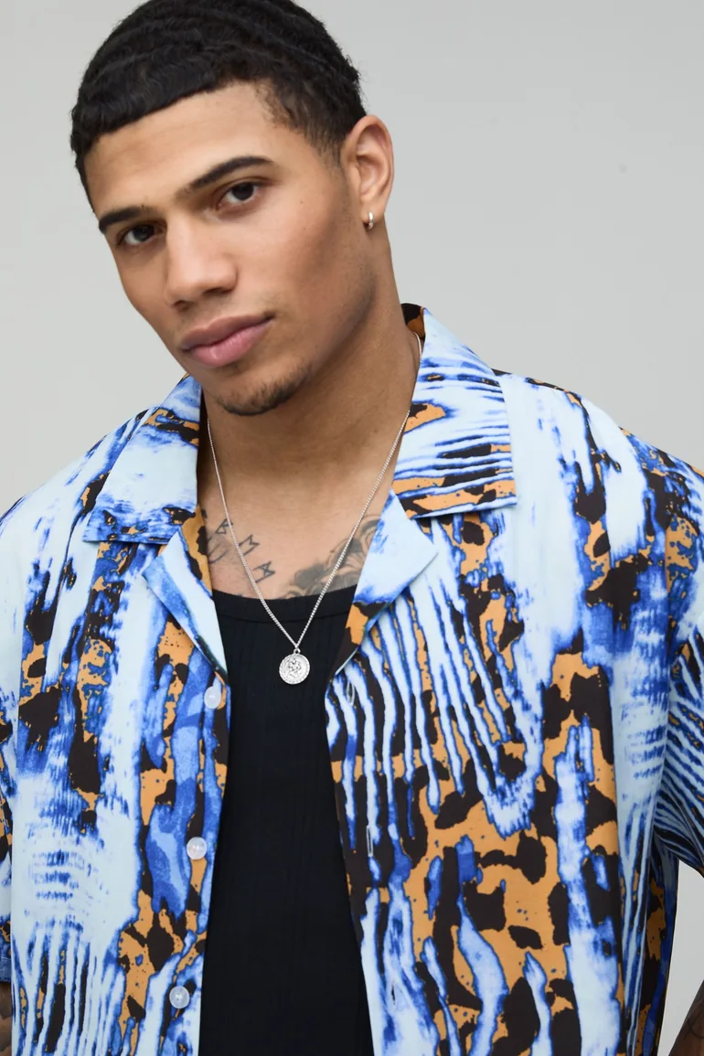 قميص بتصميم واسع عريض بطبعة أزهار - أزرق - 2