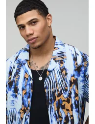 قميص بتصميم واسع عريض بطبعة أزهار - أزرق - 2