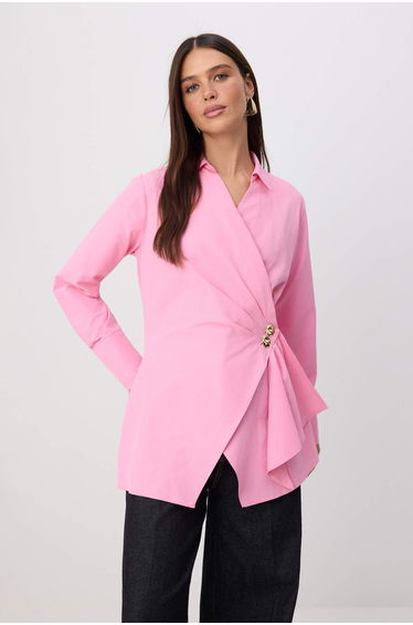 Pink Double-Breasted Regular Fit Shirt with Metal Accessory Detail