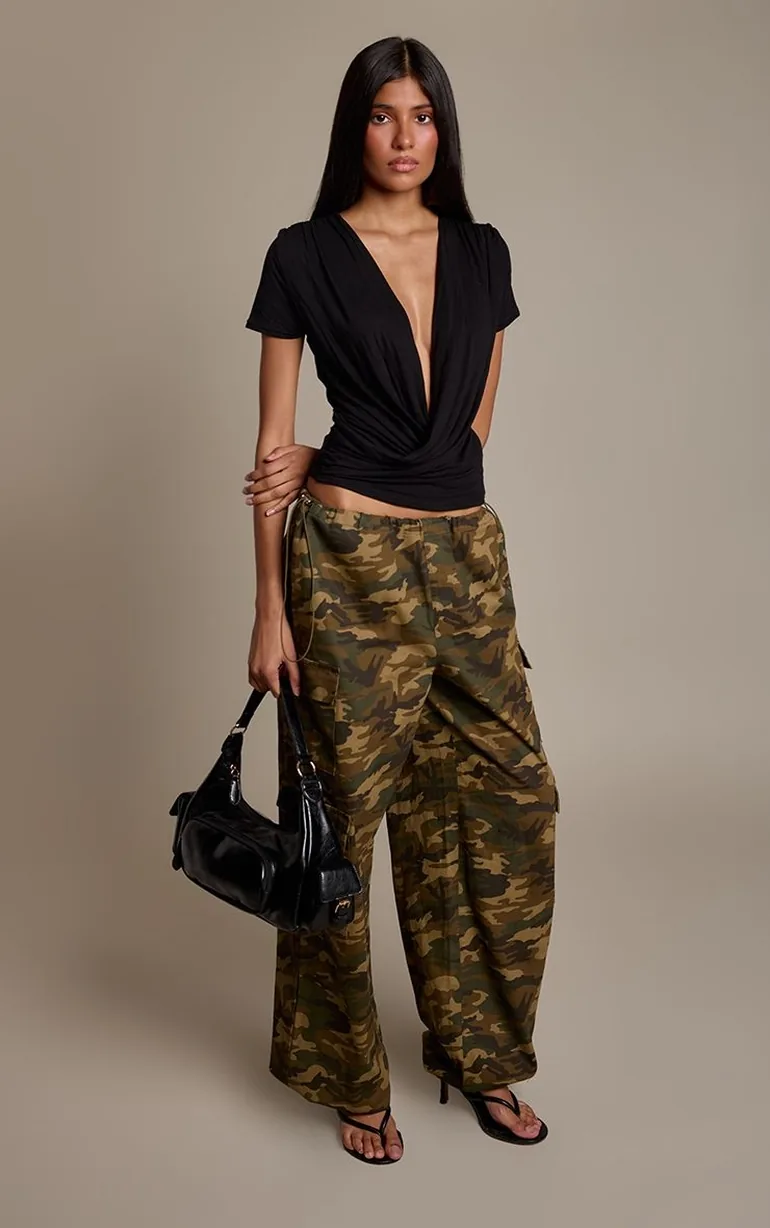 Black Jersey Extreme Cowl Short Sleeve Top
