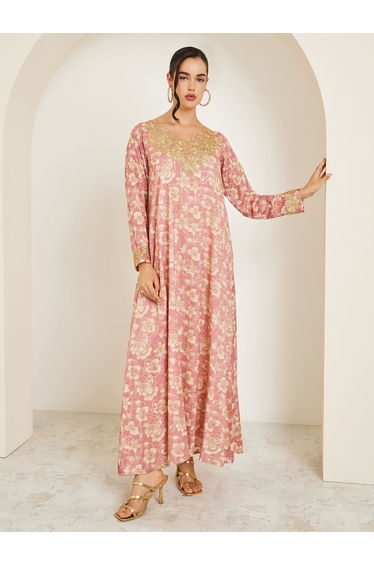 Women Pink Embroidered Floral Print Mukhawar Jalabiya