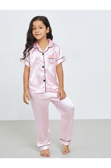 Girls Solid Short Sleeve Shirt and Pyjama Set