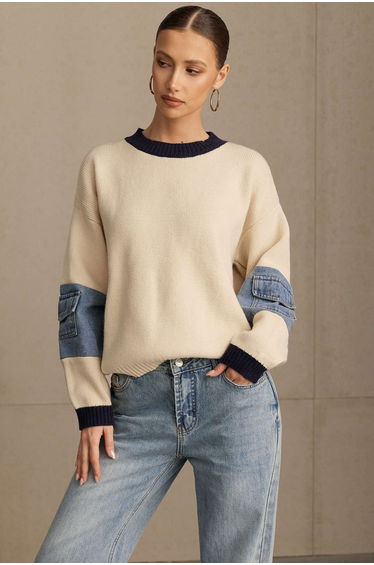 Knit Denim Patchwork Contrast Ribbed Long-Sleeve Top