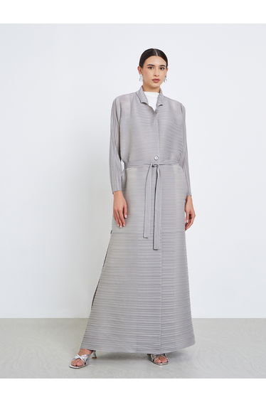 Solid Textured Pleated Belted Button Front Detail Long Sleeve Abaya