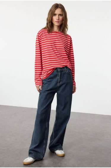 Red-Pink Striped Regular/Normal Pattern Basic Crew Neck Knitted T-Shirt