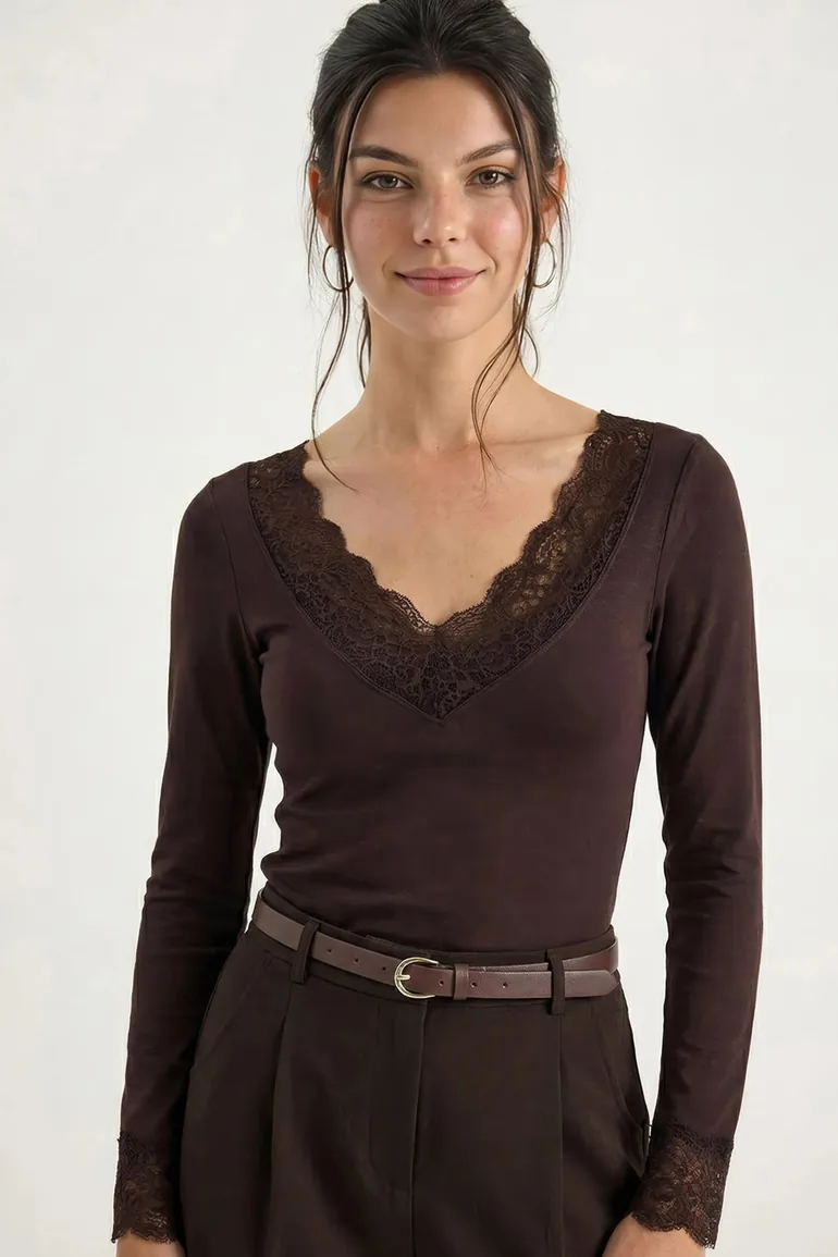 LUCCI Lace Detailed V-Neck Blouse - 1