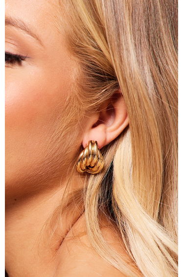 Gold Chunky Ribbed Abstract Hoop Stud Earrings