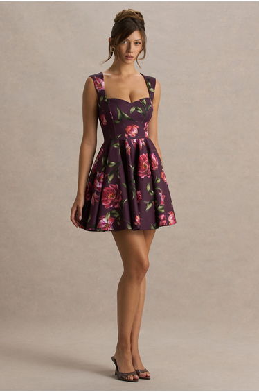Magic | Burgundy Floral Print Sweetheart-Neck Mini Dress