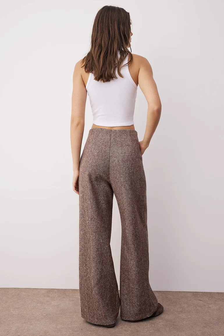 Brown Button Detailed Wide Leg Woven Trousers - 3