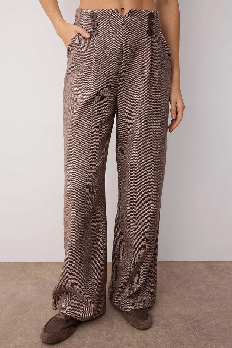 Brown Button Detailed Wide Leg Woven Trousers - 2
