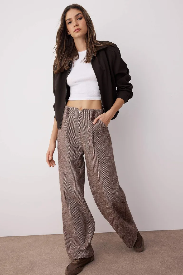 Brown Button Detailed Wide Leg Woven Trousers - 1