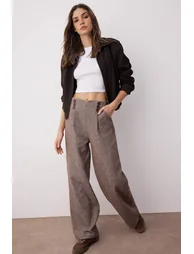 Brown Button Detailed Wide Leg Woven Trousers - 1