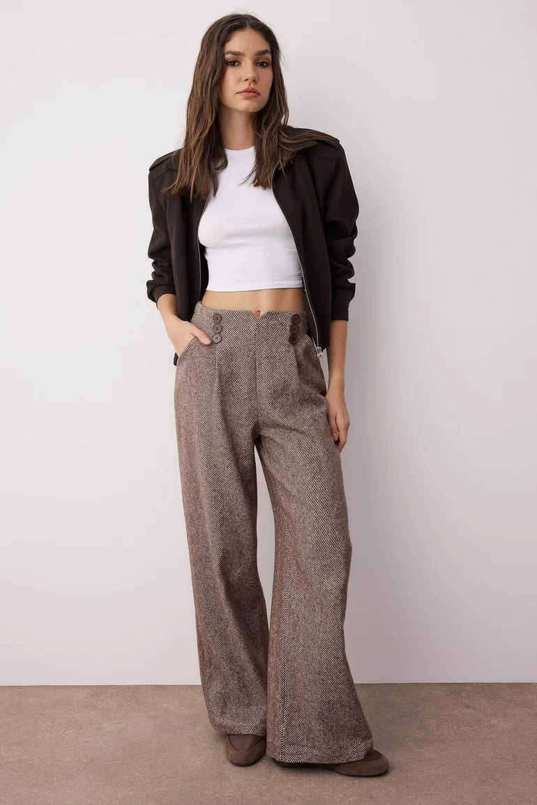 Brown Button Detailed Wide Leg Woven Trousers