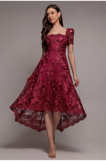 Scalloped Neck Embroidered Lace High Low Midi Dress - Burgundy by Goddiva
