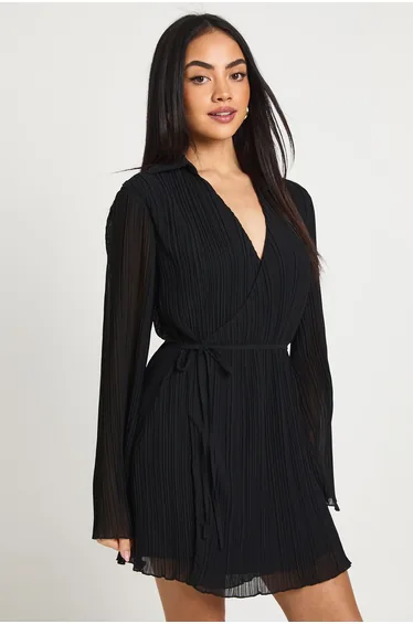 Plisse Wrap Front Shirt Dress - black
