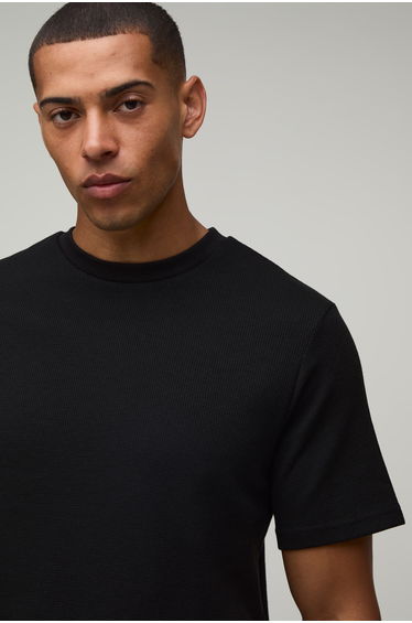 Basic Regular Fit Waffle T-Shirt - black