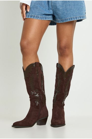 Faux Suede Contrast Detail Knee High Western Boots - chocolate