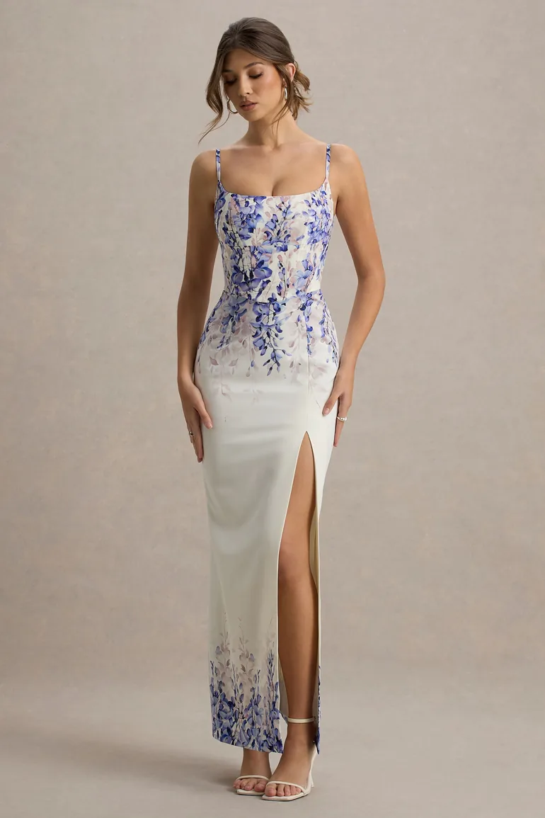 club l floral dress Lita | Blue Floral Twisted Asymmetric Maxi Dress Club L London