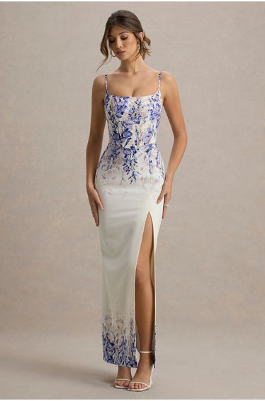 Lupita | Purple Floral Print Linen Split Maxi Dress