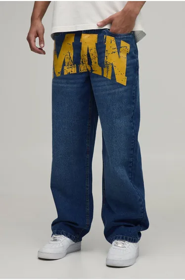 Relaxed Rigid Man Print Denim Jeans - mid blue