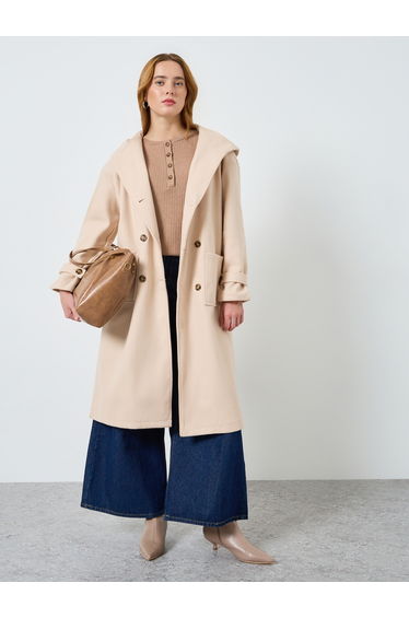 Women Solid Double-Breasted Hooded Belted Coat