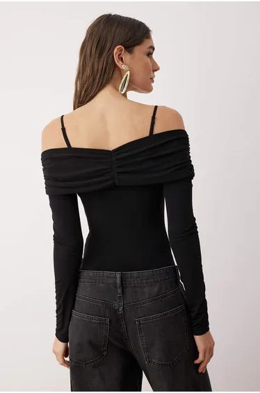 Black Plain Carmen Collar Long Knitted Sandy Bodysuit