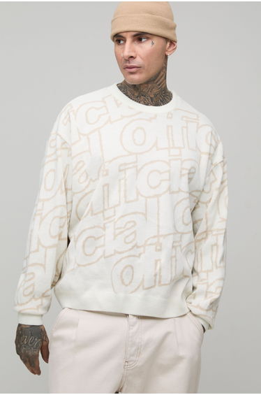 Tall Oversized Branded Jacquard Knitted Jumper - ecru