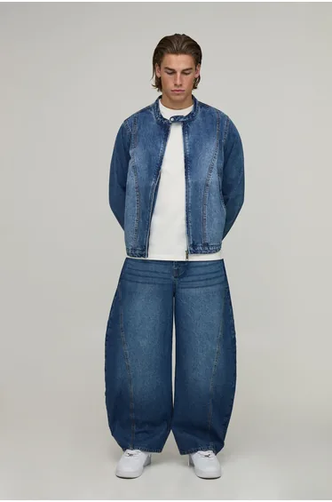 Washed Barrel Leg Co-Ord Jeans - mid blue