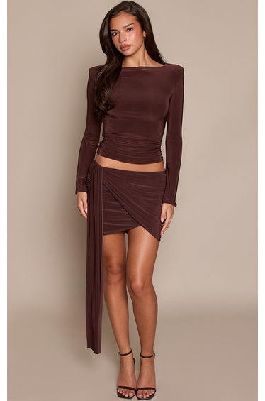 Chocolate Drapey Detail Double Layered Slinky MIni Skirt