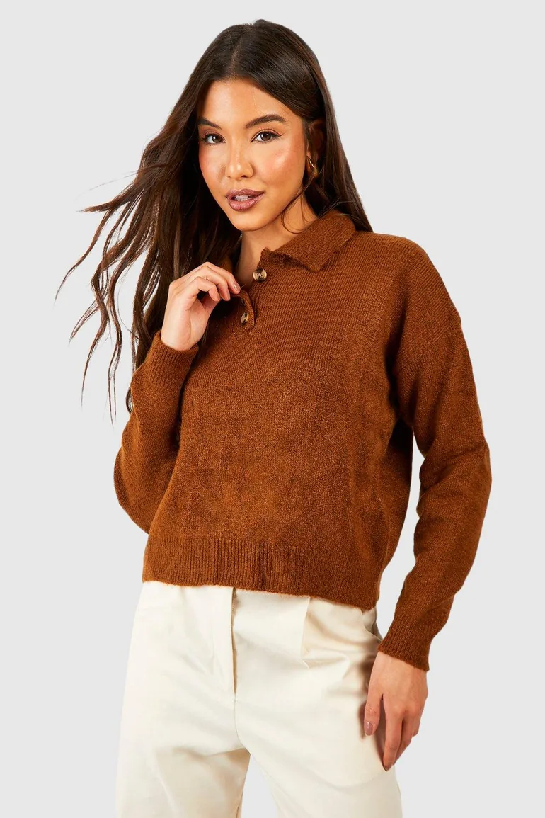 Soft Knit Jumper With Polo Collar - camel